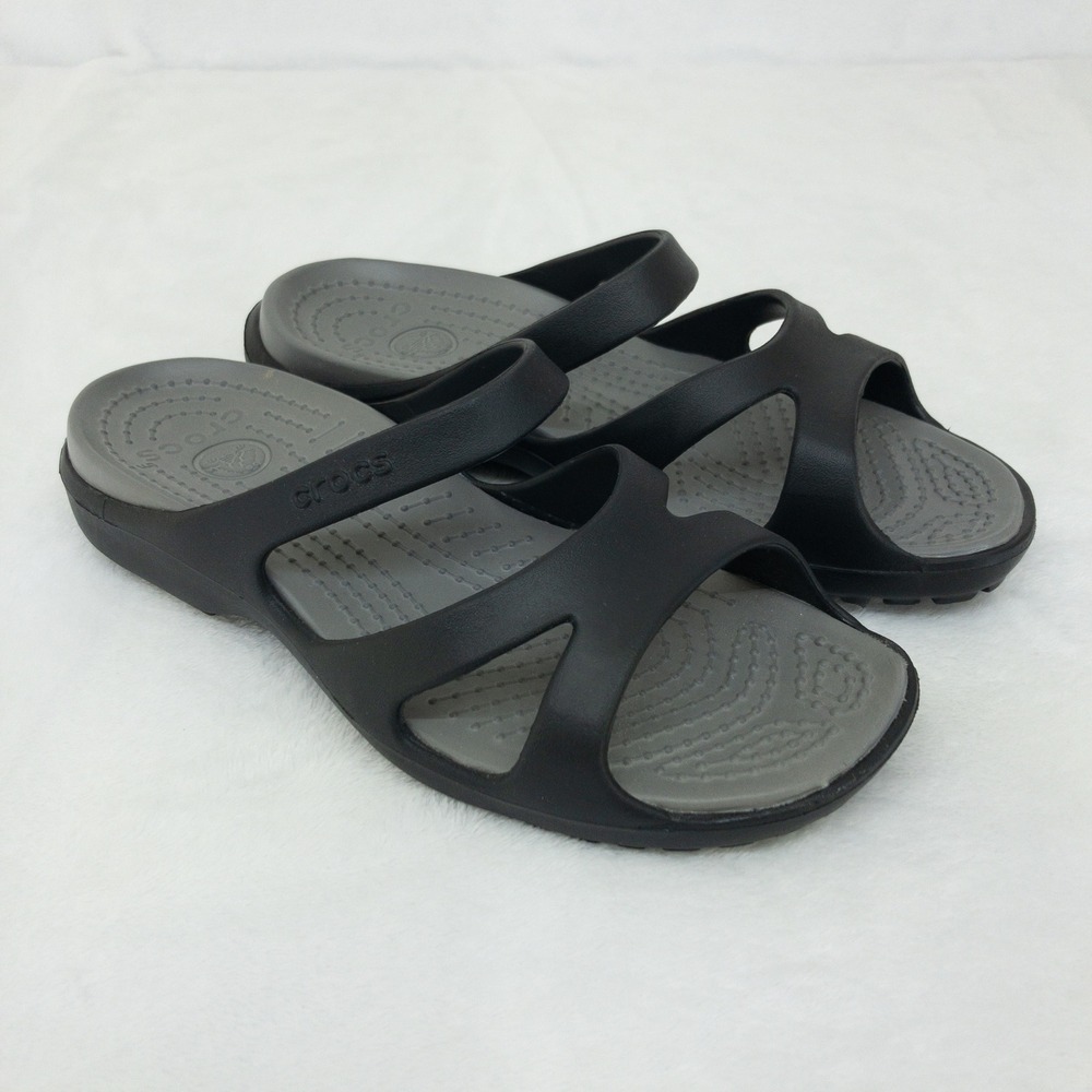 Crocs Meleen Slides Sandals Womens 7 Black Grey Comfort Lightweight Strappy